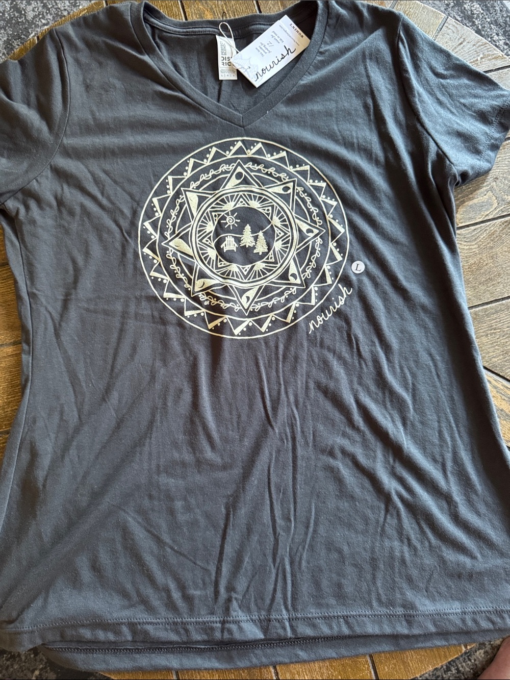 Charcoal V-Neck Short Sleeve Tee with Cream Mandala Graphic